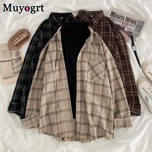 Muyogrt Women Shirt Plaid Oversize 3XL Turn-down Collar Leisure Fashion Loose All-match Womens Long Sleeves Soft Chic Korean Top