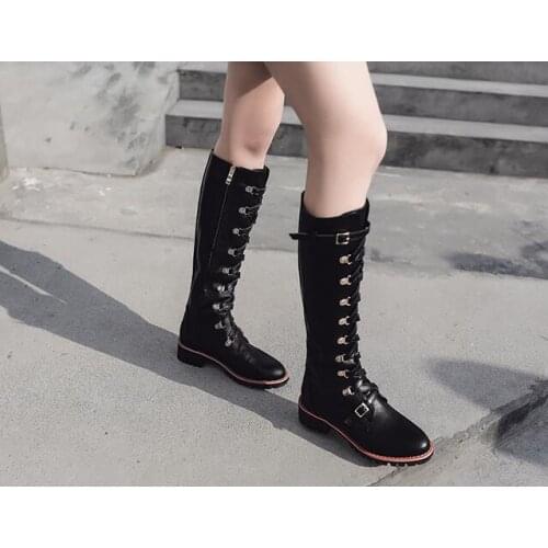 Newest British Style Women Round Toe Fashion Knight Boots Leather Buckles Ladies Flat Motorcycle Boots Zipper Side Spring Boots