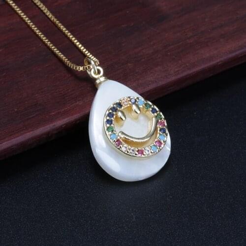 High quality jewelry gold smile face mix cz glass paved charm white water drop pearl shell pendant choker necklace for women