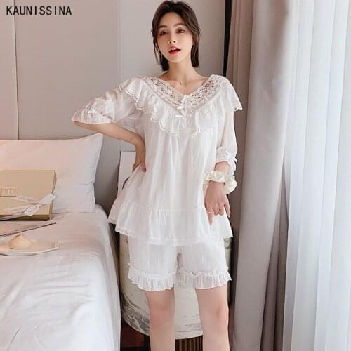 Women Summer Pajamas Embroidered Lace Princess Sleepwear Vintage Cotton Pajama Set Three Quarter V-Neck Shorts Nightwear Suits