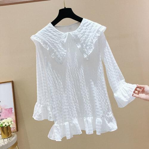 Doll collar chiffon solid color shirt women 2021 spring and autumn fashion new design sense niche all-match casual shirt