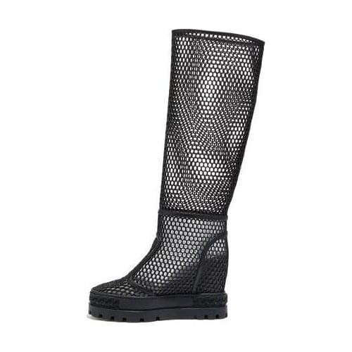 Woman Black Highly Resistant Nylon Net Wedge Knee Boots Ladys Hidden 80 mm Platform Thick Sole Slip On Round Toe Long Boots