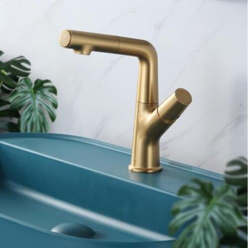 Brush Gold Basin Faucet Bathroom Rotation Pull Out Sink Mixer Tap Faucet Slid up and down Basin Lavtory Faucet
