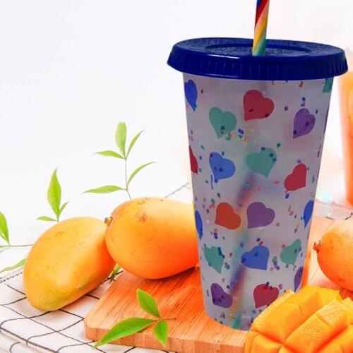 500/710ml Color change Straw Cup With Lid Rainbow Straw Tumbler Matte Finish Plastic Cup Reusable Cups Coffee Mug Water Bottle
