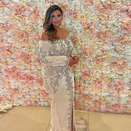 White Elegant Classic Moroccan Caftan Evening Dress Off-The-Shoulder Applique Floor Length High Split Arabic Prom Plus Size