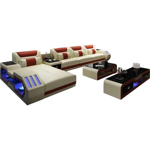 Living room Sofa functional genuine leather couch Nordic corner L RGB LED light+ Bluetooth cup holder+ coffee table+ TV stand