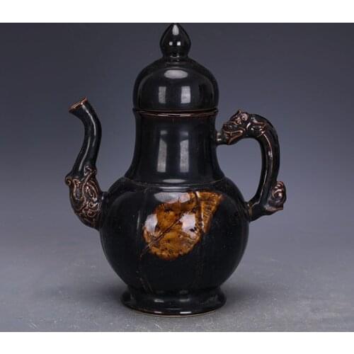 Song dynasty Jizhou kiln glaze leaf pattern dragon handle elephant trunk ancient porcelain antique collection decoration