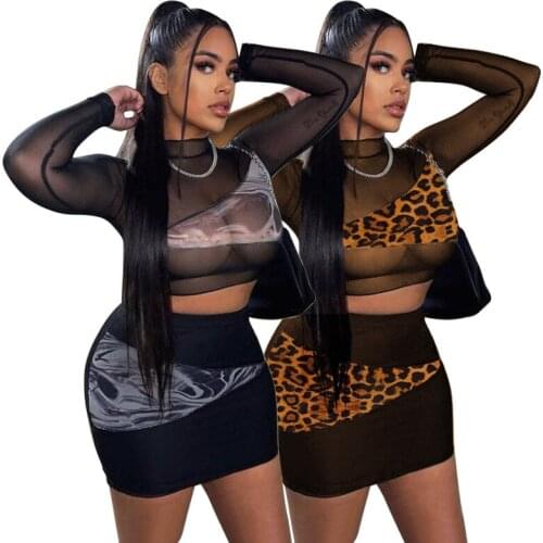 Adogirl Mesh Patchwork Two Piece Set for Women Leopard Tie Dye Tracksuit Street Outfits Tee Tops + Midi Skirt Set 2021 Outfits