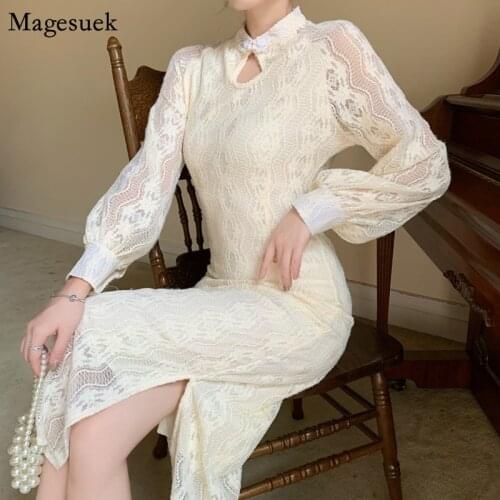 Vintage Puff Sleeve Lace Dress Women Cheongsam Split High Waist Bodycon Long Dress Elegant Dresses For Women Party Vestido 12764