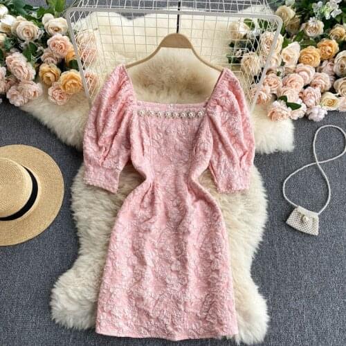 Summer Girls Puff Sleeve Square Collar Beading Buttons Jacquared Floral Dress Slim Bodycon Pencil Cute Kawaii Short Vestidos