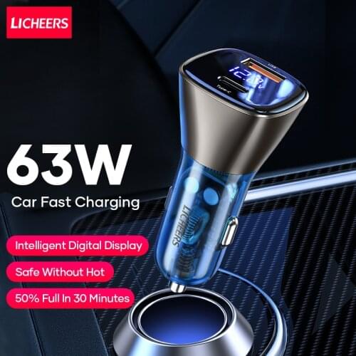 LICHEERS 63W Car Charger USB Type C Car Phone Charger Translucent Dual Port PD QC Fast Charging For Laptop iPhone Samsung Xiaomi