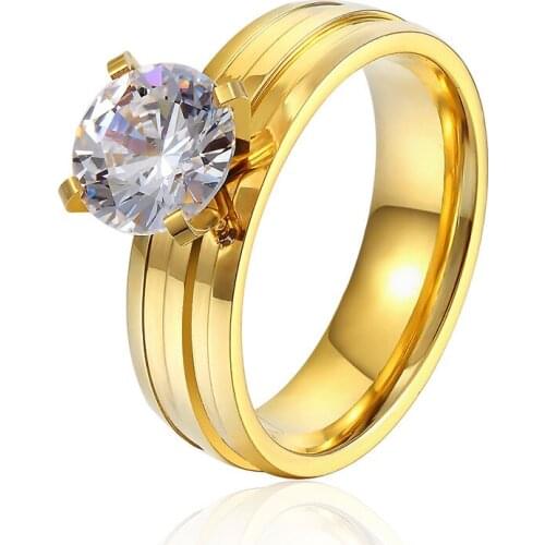 Hot fashion Stripes Stainless Steel Colour Gold Crystal Engagement Ring Married Women Ring Jewelry Wholesale