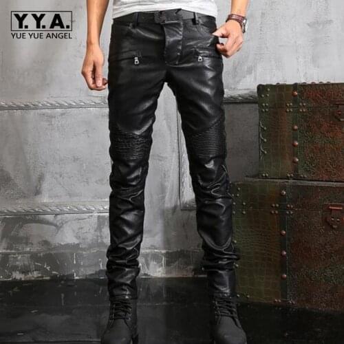 New Arrival Top Quality Mens Pu Leather Retro Motorcycle Pants Man Slim Fit Pants Gothic Zip Trousers Plus Size 28-38