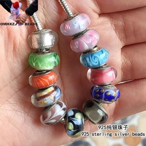 OMH BE04 1pcs MIX 8*14 MM Round Exquisite glaze big hole 925 Sterling Silver Beads