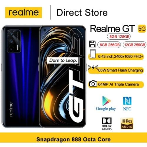 Newest Realme GT 5G NFC Mobile Phones 6.43" FHD+ Snapdragon 888 Octa Core Android 11 CellPhone 16MP Front Cam 65W Flash Charging