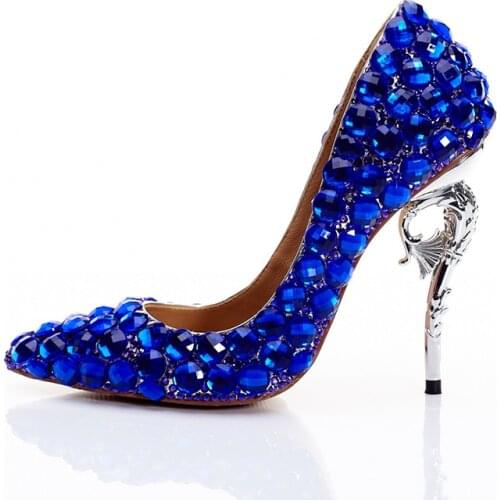 High-Qualit Royal Blue Pointed Toe Crystal High Heels Shoes Rhinestone Ladies Pumps Bridal Wedding Cocktail Party Shoes