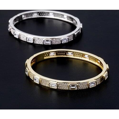 Hip Hop Square AAA Cubic Zirconia Set Bling Ice Out Open Cuff Bangle Bracelets for Men Women Charm Rapper Jewelry Drop Shipping