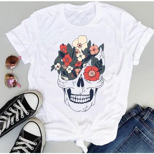Women Cartoon Skull Floral Funny Flower Short Sleeve Sweet Summer Fashion Print Lovely Clothes Tops Tees Tshirt T-Shirt