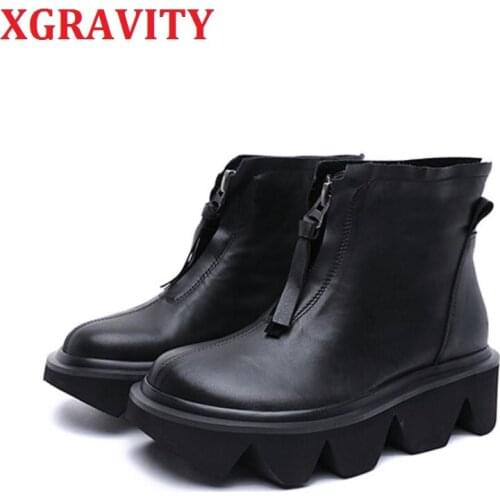XGRAVITY Top Qualty Cow Genuine Leather Women Boots Autumn Winter Fur Boots Elegant Thick Sole Platform Shoes Female Shoes S150
