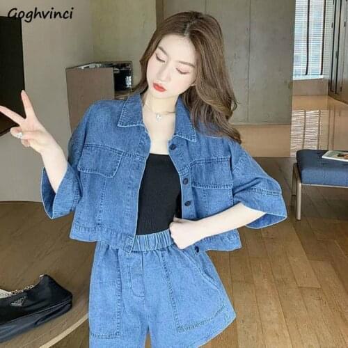 Sets Women Denim Thin Breathable Single Breasted Elastic Waist Oversize Plus Size 2XL Solid Simple Stylish Chic Leisure Korean