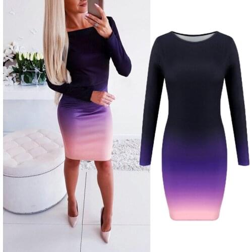2020 Women OL Waist Bag Hip Long sleeves Long Sleeve Gradient Mini Dresses Ladies Stretch Elegant Fashion Bodycon Vestido