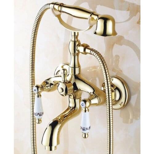 Gold Polished Brass Two Levers Wall Mounted Clawfoot Bath Tub Faucet Mixer Tap Telephone Style Hand Held Shower Head atf080