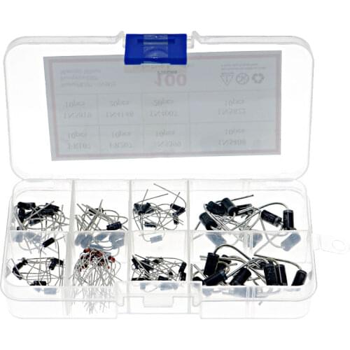 100 Pcs Diodes Kit Rectifier Schottky 1N4007 1N4148 1N5817 1N5408 1N5822 1N5399 FR107 FR207 In Component Box