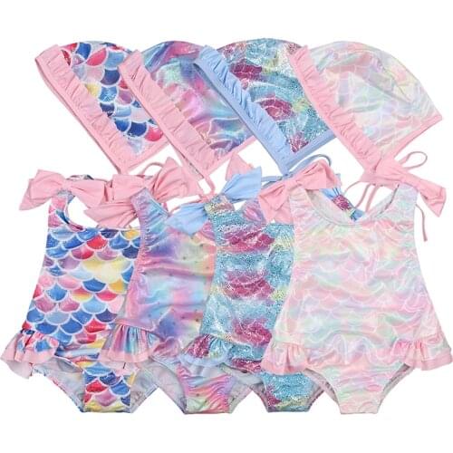 2021 Summer Children Swimsuit Swimming Hats 2Pcs Toddler Kids Baby Girls Bikini Fish Scales Swimwear Bather Bathing Suit 1-6 Y