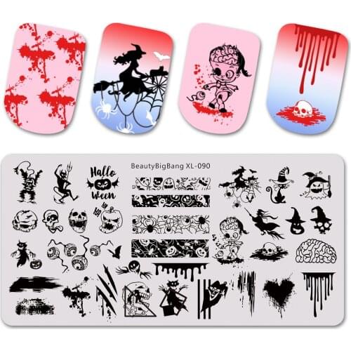 Beautybigbang Halloween Stamping Plates Nail Art Accessories Funny Ghost Brain Heart Skull Nail Mold Stamping Templates XL-090