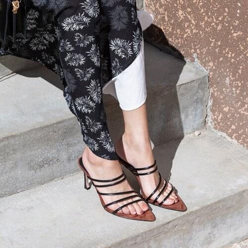 2021 New Summer Women Pointed Toe Sandals Ladies snake print strappy mules 8CM High Heels Slippers Female Fashion Woman Shoes