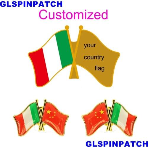 Italy Crossed Friendship Flag Double Country lapel pin Brooch USA UK France Chile Russia Saudi Arabia Japan Spain Badge