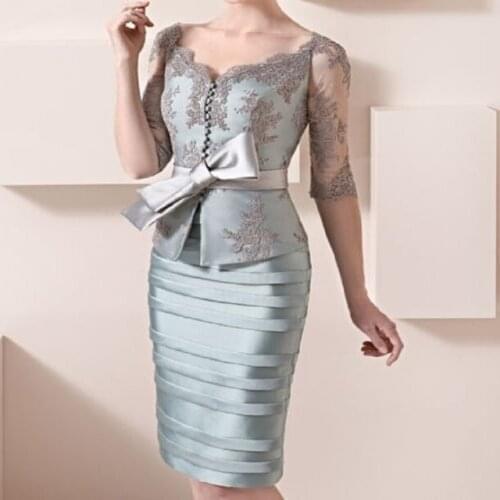 Elegant Mother Of The Bride Dresses Sheath Half Sleeves Lace Bow Short Wedding Party Dress Mother Dresses For Wedding