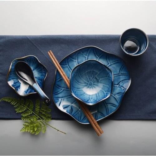 Gradient Food Plate Bowl Cup Saucer Soup Spoon Set Japanese Style Dinnerware Lotus Leaf Sushi Tray Rice Bowl Tea Cup 5pcs/set