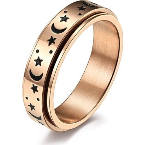 6mm Titanium Steel Moon Star Spinner Ring for Women Men Size 6-12 Creative Rotatable Ring 3 Color