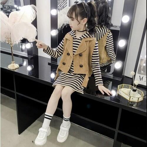 Girls Suit Spring Autumn Kids Clothing Teenage Girl Long Sleeve Princess Outfits Children Clothes Sets Striped Hooded Dress+Vest