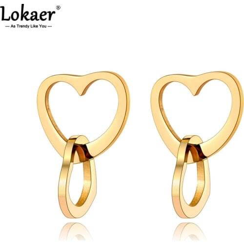 Lokaer Romantic Titanium Stainless Steel Office Style Double Heart Earrings For Women Trendy Wedding Earrings Jewelry E21010