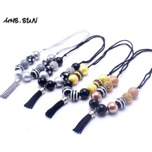 MHS.SUN 2Pcs/lot Lovely Chunky Beads Necklace With Tassel Pendants Adjustable Rope Necklace For Child/Kids/Girls Gift Jewelry