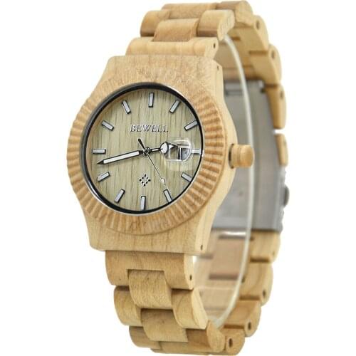 BEWELL W064AG Hot Sell Men Wood Watch Quartz Watches Wooden Band Calendar Luxury Male Dress Watch relogio masculino