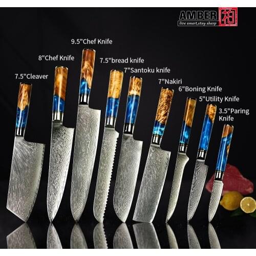 AMBER 8" Japanese Kitchen Knives Laser Damascus Steel VG10 Chef Cooking Tools With Blue Resin Color Wood Handle