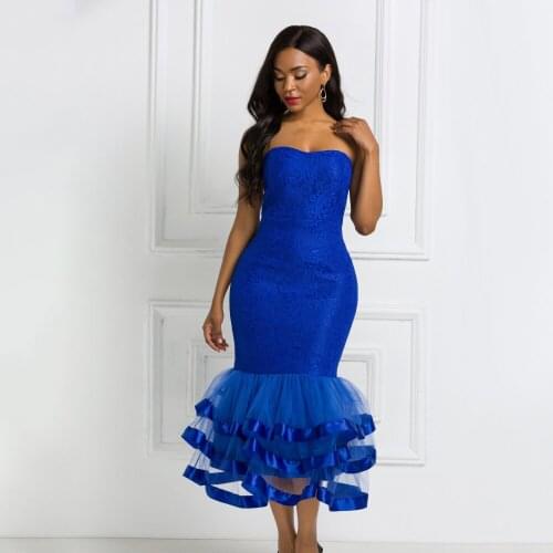 Sexy Tube Tops Bodycon Dress Lace Patchwork Mesh Tulle Ruffle Party Women Strapless Vestido Backless Event Celebrate Package Hip