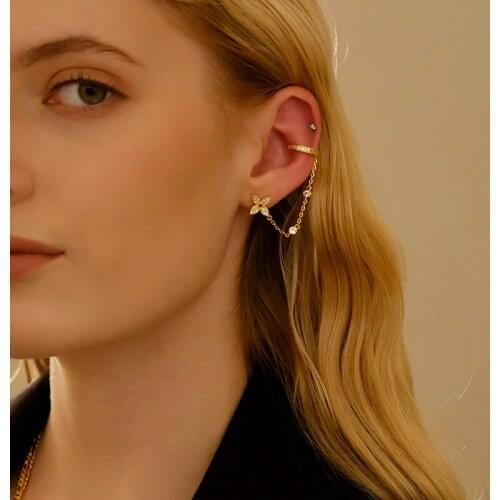 Senior long chain tassel ear bone clip earrings diamond four-leaf clover earrings European and American big brand wild