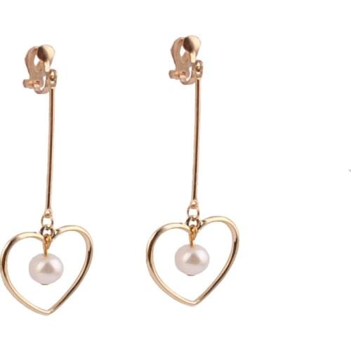 Korea Style Heart Gold Color Clip on Earring Without Pierced for Women Long Style Simulated Pearl Cuff Earrings Wholesale New