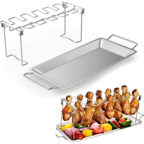 14 Chicken Legs Wing Grill Rack Collapsible Stainless Steel BBQ Roaster Stand Oven with Drip Pan for Vegetable Barbecue Holder