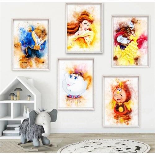 Disney Catoon Beauty &The Beast Poster Belle Movie Watercolor Canvas Painting Print Wall Art Picture for Nursery Room Home Decor