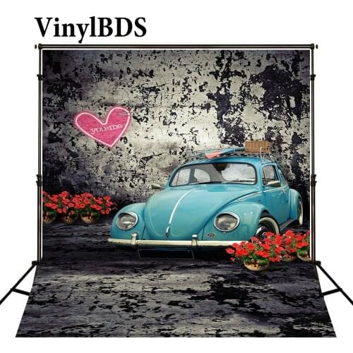VinylBDS Retro Brick Wall Photography Backdrops Old Car Children Background Red Flower Kids Backdrop for Baby Photo Studio