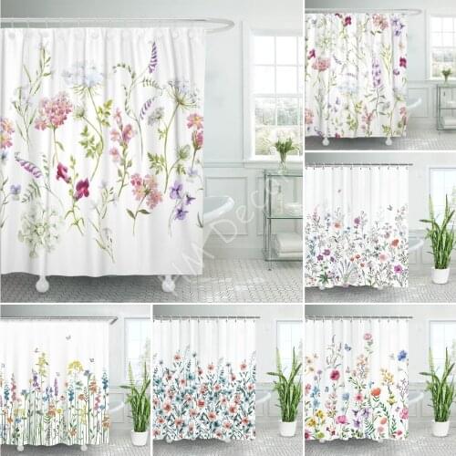 Shower Curtain Watercolor Floral Pattern Delicate Flower Wildflowers Pink Tansy Pansies White Queen Annes Lace Retro Waterproof