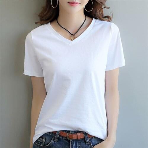 Women V-neck T-shirt 2021 Fashion Summer Short Sleeve Solid White Black Cotton Thin Tee Shirt Female Casual T-shirt Clothing Top