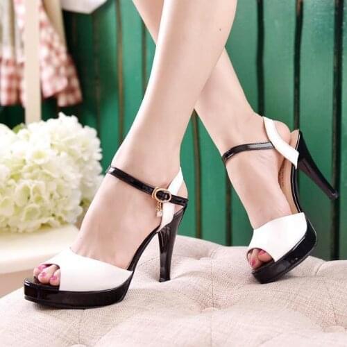 2021 Summer Peep Toe Thin Thick High Heels Pumps with Platform Rhinestones Buckle Sandals Women PU Pink White Blue Sexy Shoes