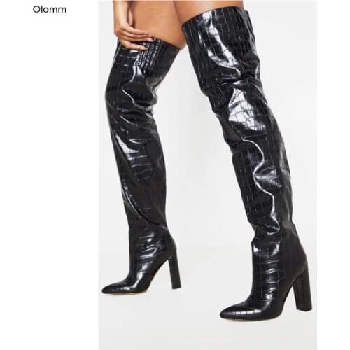 Olomm Handmade Women Over The Knee Boots Stone Pattern Square Heels Boots Pointed Toe Black Party Shoes Women US Size 5-10.5