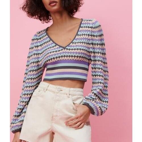 ZA Summer Striped Knitted Sweater Women 2021 New Arrival V-neck Loose Long Puff Sleeve Pullovers Knitting Jumper